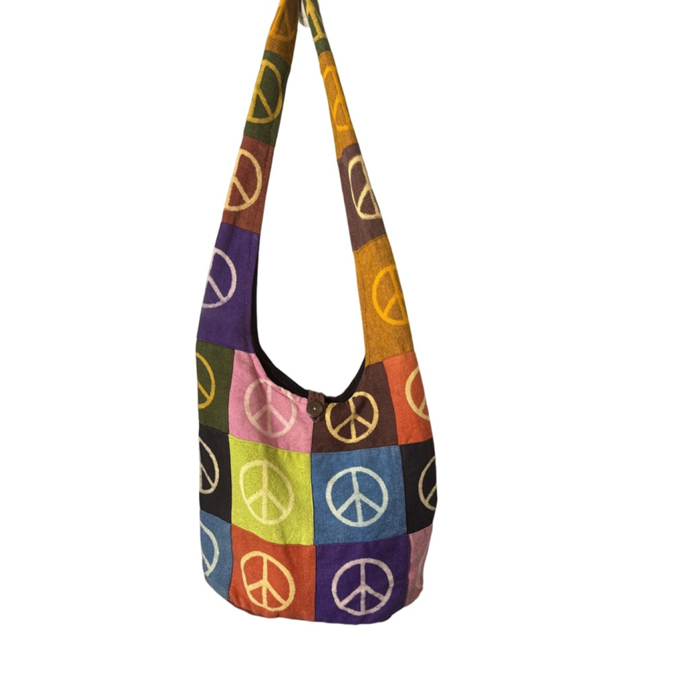 Multicolor Patchwork Peace Sign 100% Cotton Shoulder Bag